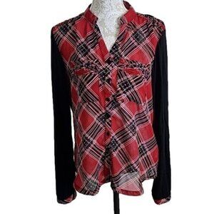 Maison Coupe Black & Red Plaid Button Long Sleeve Top Women's XL